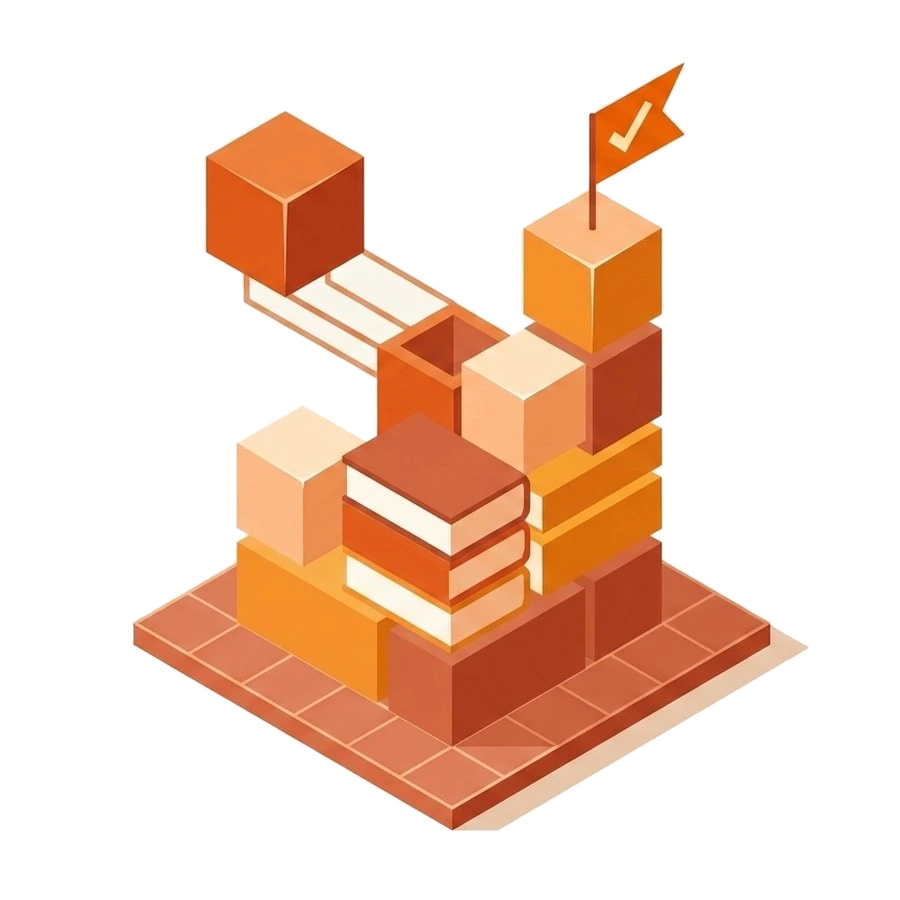 Illustration: a product built module by module from precise blocks on a blueprint base, one piece guided into place by a design partner.