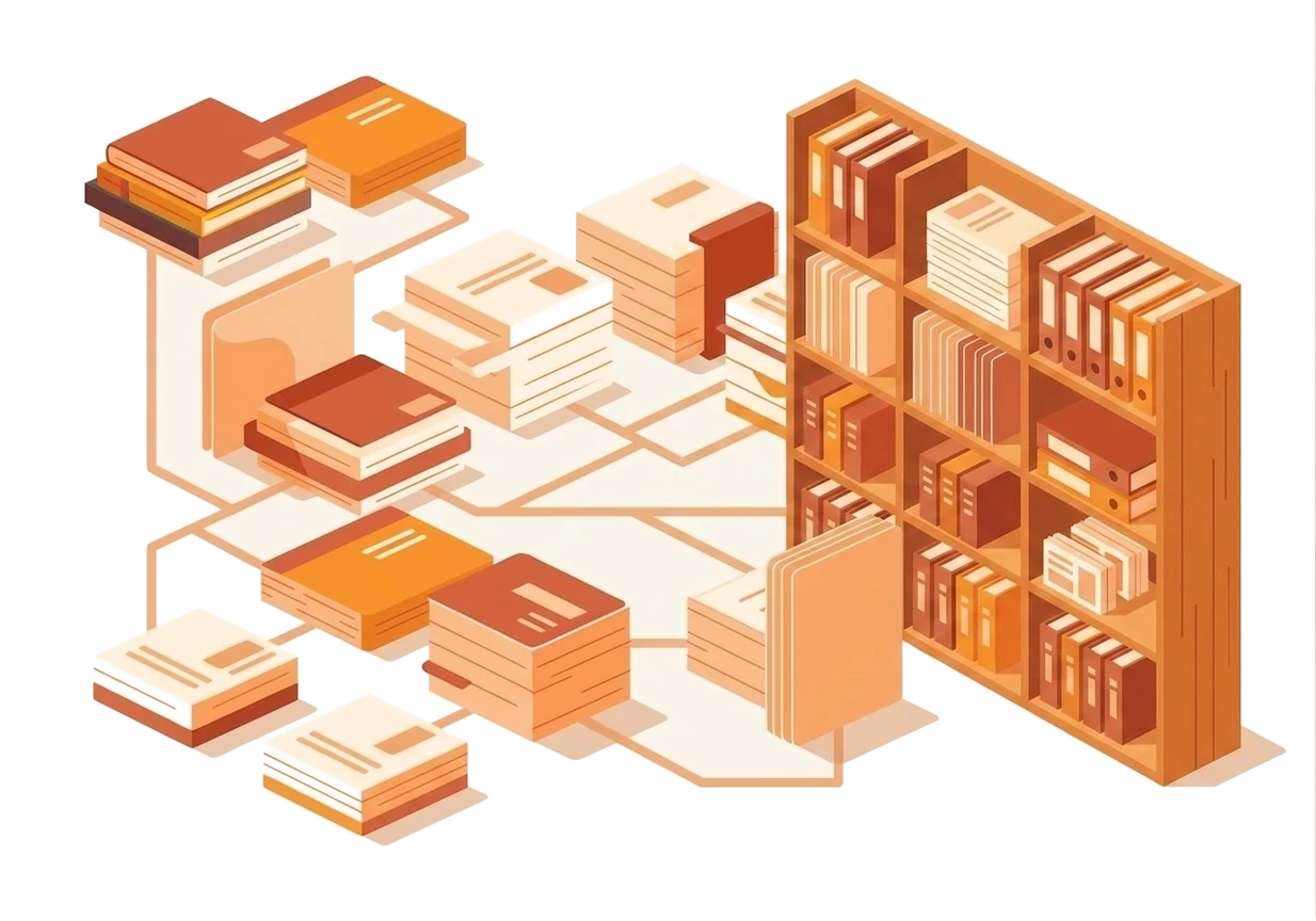 Illustration: scattered existing documents and folders flowing into an organized, filling bookshelf — seeding the knowledge base from what you already have.