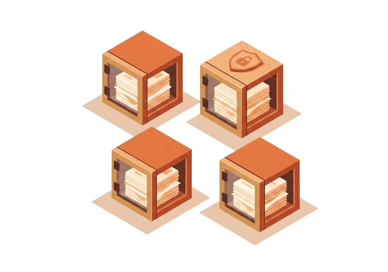 Illustration: several sealed containers in isometric space, each holding its own documents and kept separate — per-customer isolation.