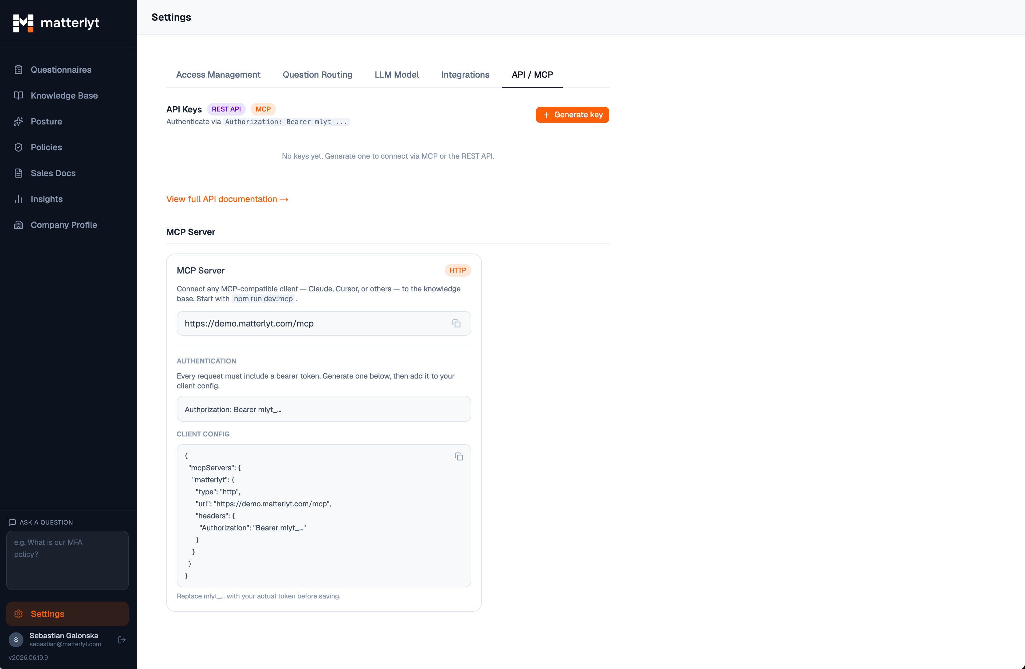 Matterlyt API and MCP settings showing API key generation and MCP server connection config
