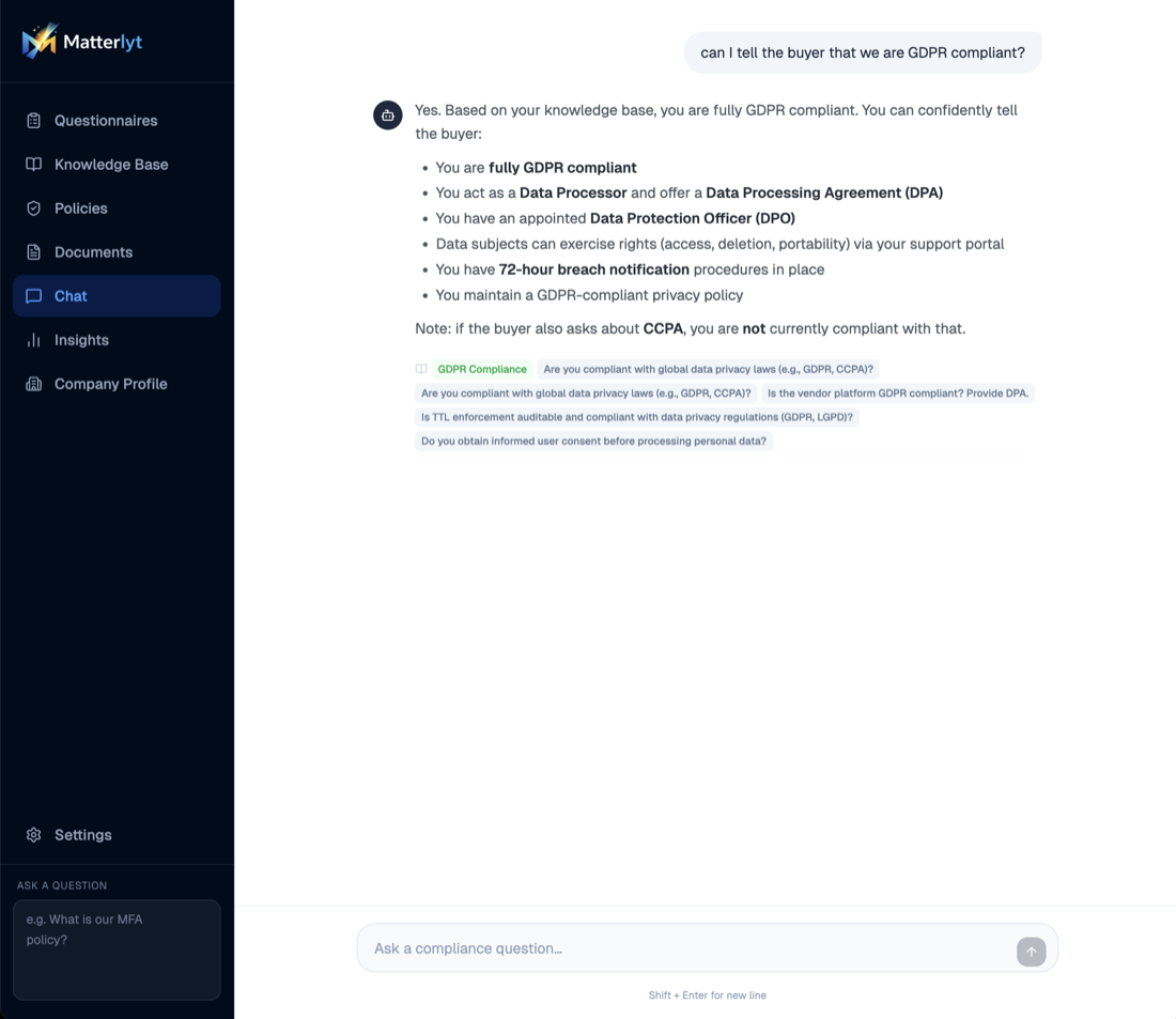 Matterlyt Ask Lore chat interface
