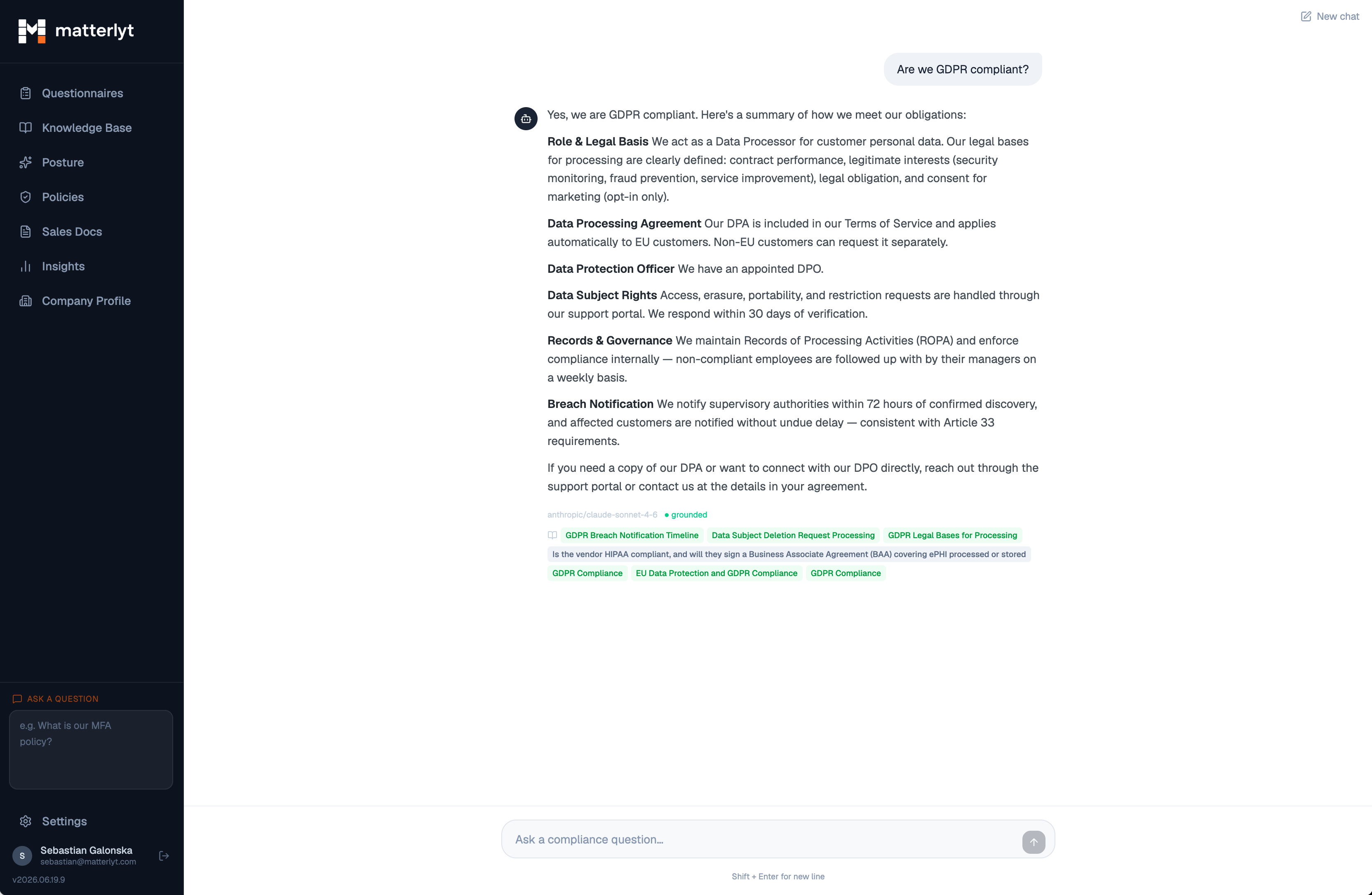 Matterlyt knowledge base chat interface answering a compliance question