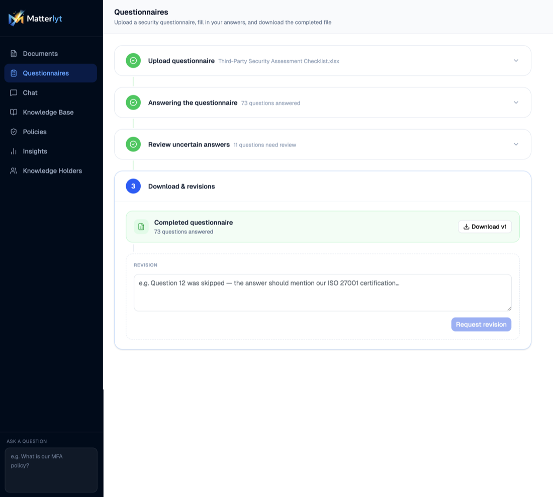 Matterlyt questionnaire completion screen showing upload, answering, review, and download steps