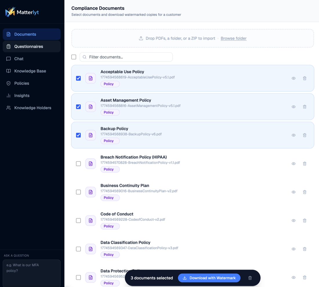 Matterlyt compliance documents screen with policy list and download options