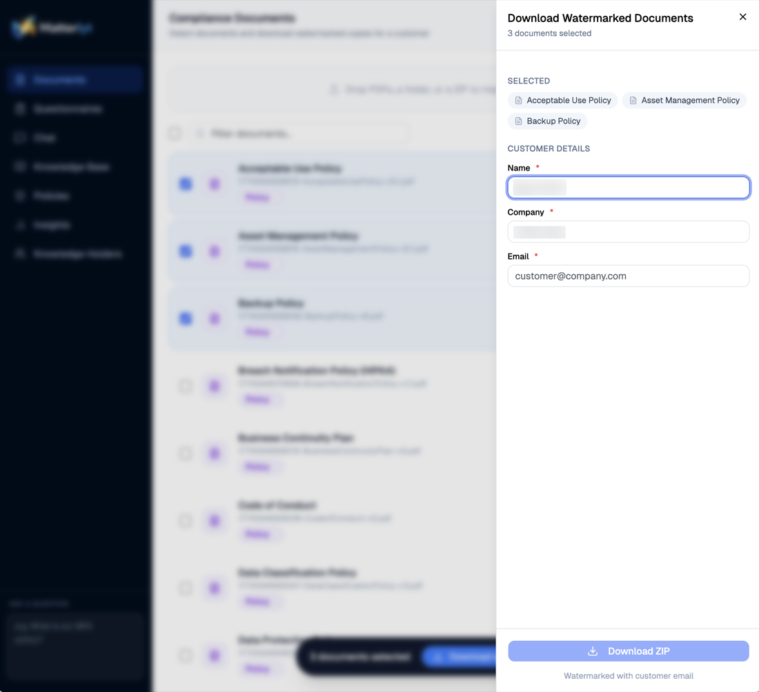 Matterlyt compliance documents screen with policy list and download options