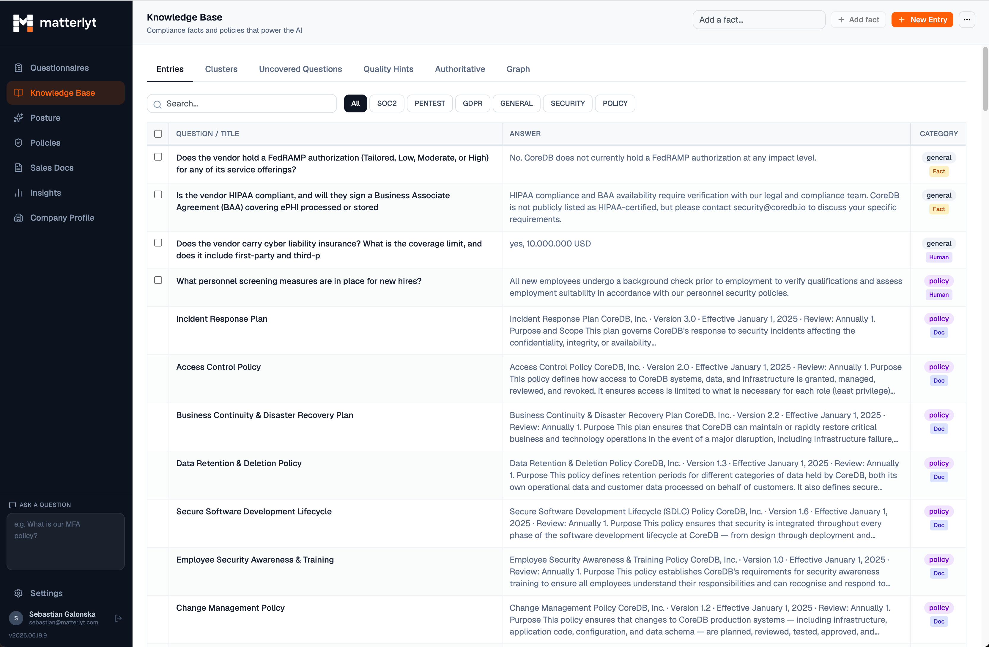 Matterlyt knowledge base showing compliance facts, policies, and duplicate clusters