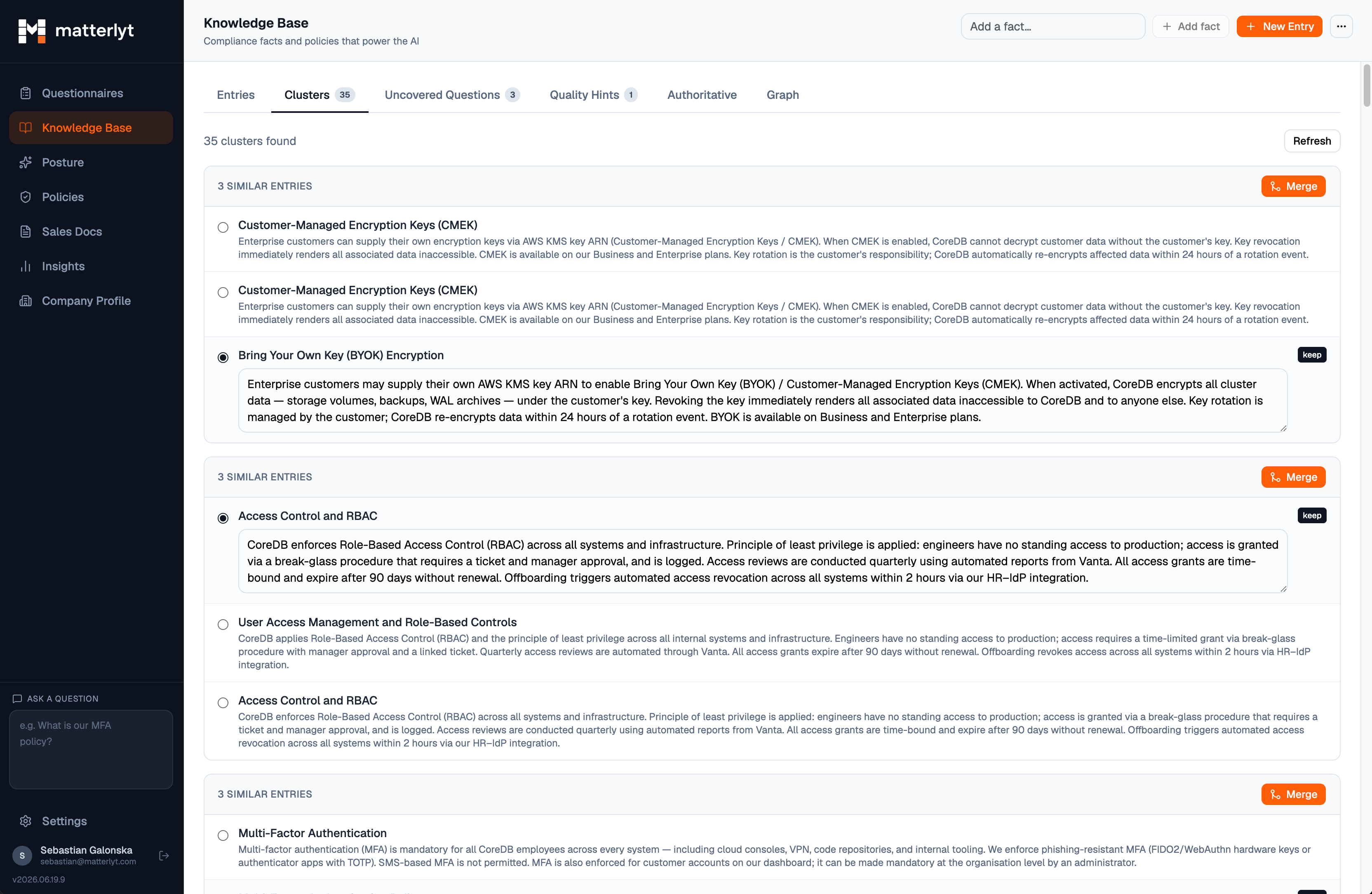 Matterlyt knowledge base showing compliance facts, policies, and duplicate clusters