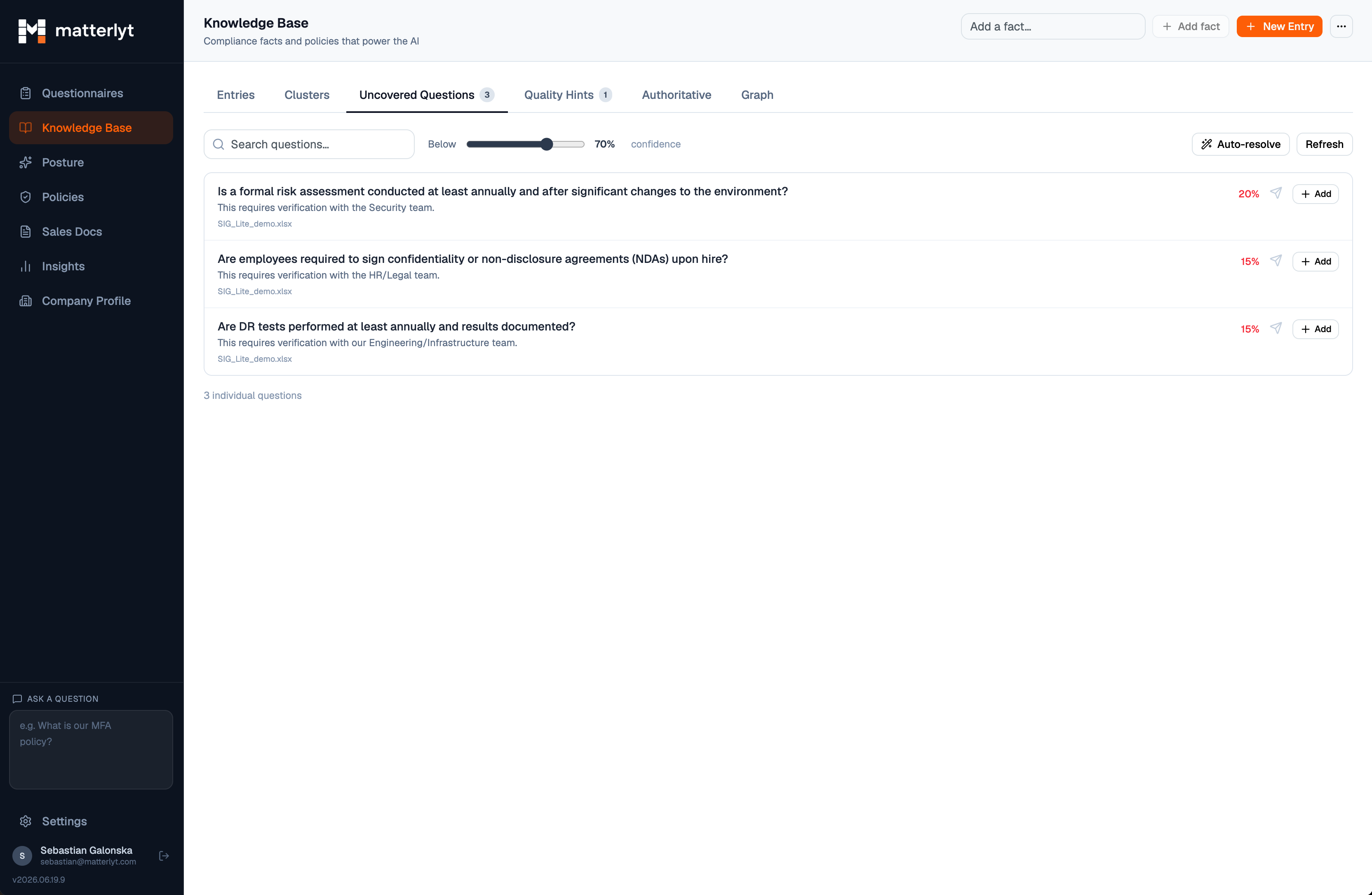 Matterlyt uncovered questions and per-category expert routing settings