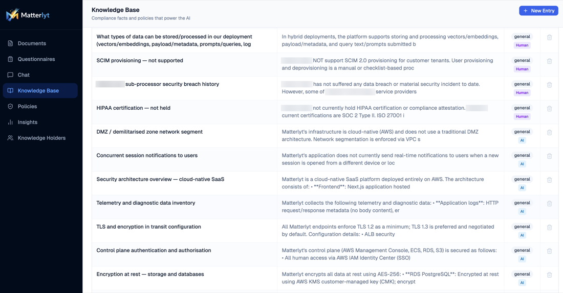 Matterlyt knowledge base showing compliance facts and policies