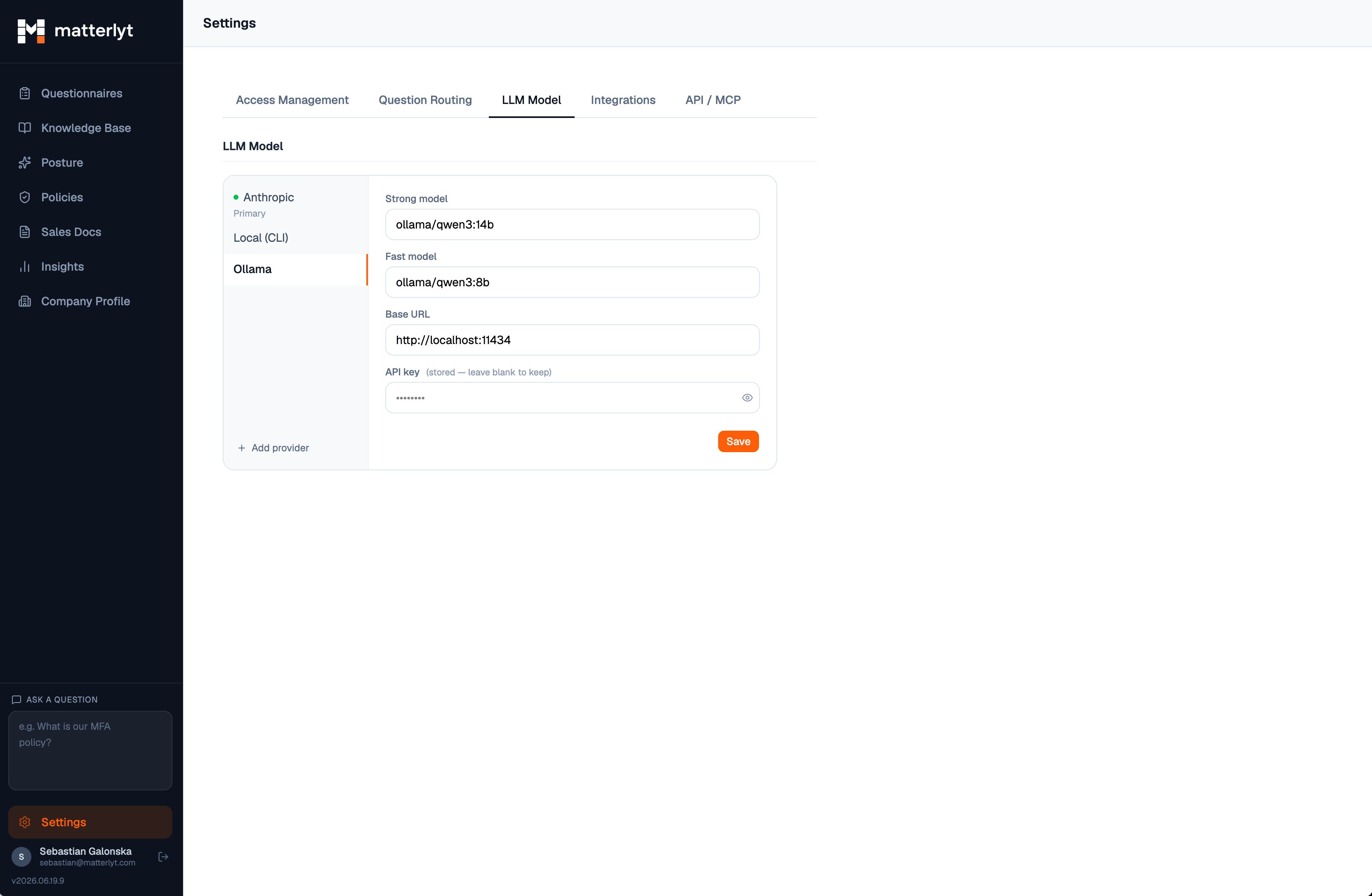 Matterlyt LLM model settings showing provider selection, strong and fast models, and a local Ollama endpoint