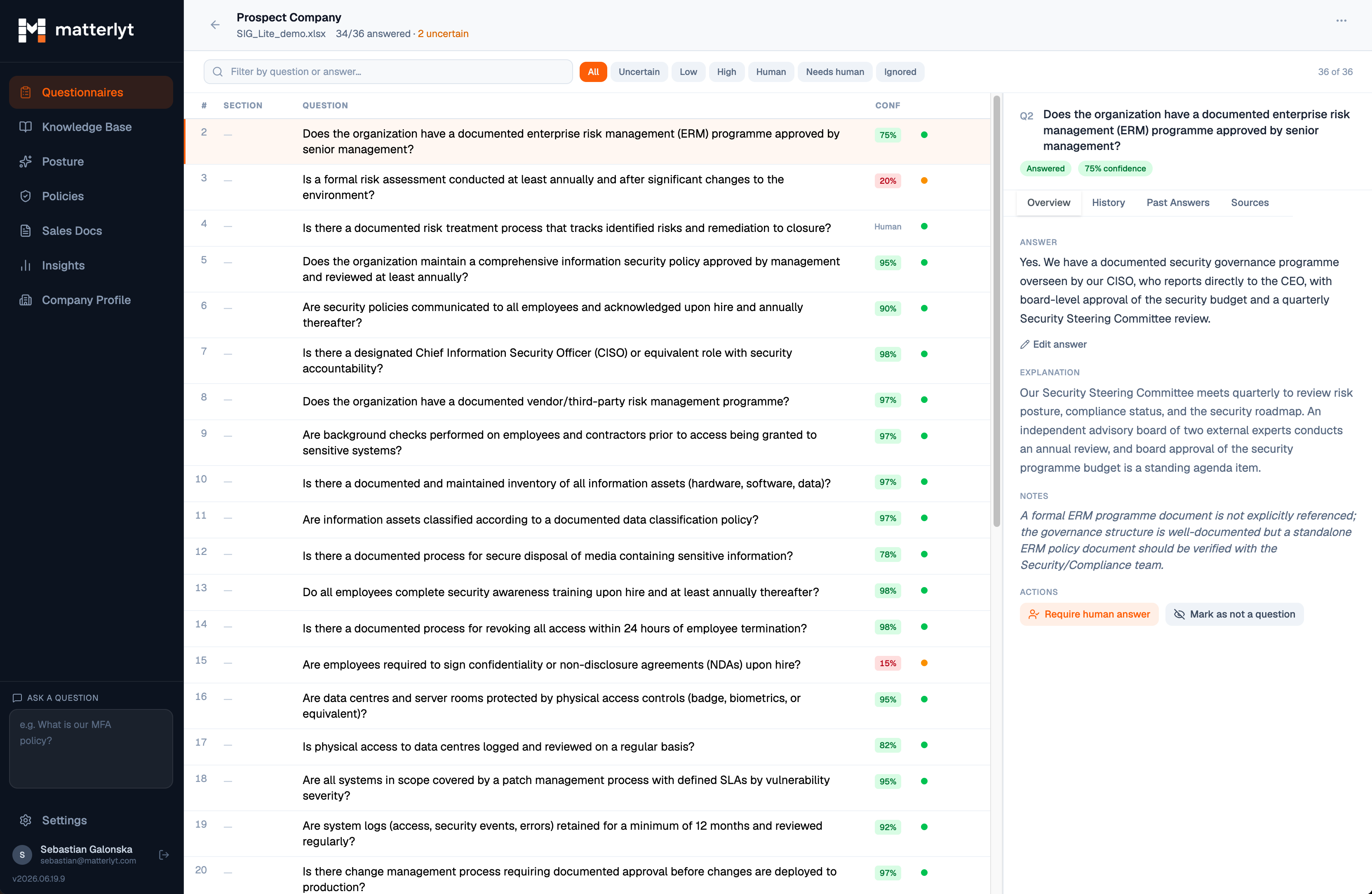 Matterlyt questionnaire screen showing upload, processing, answering, and review
