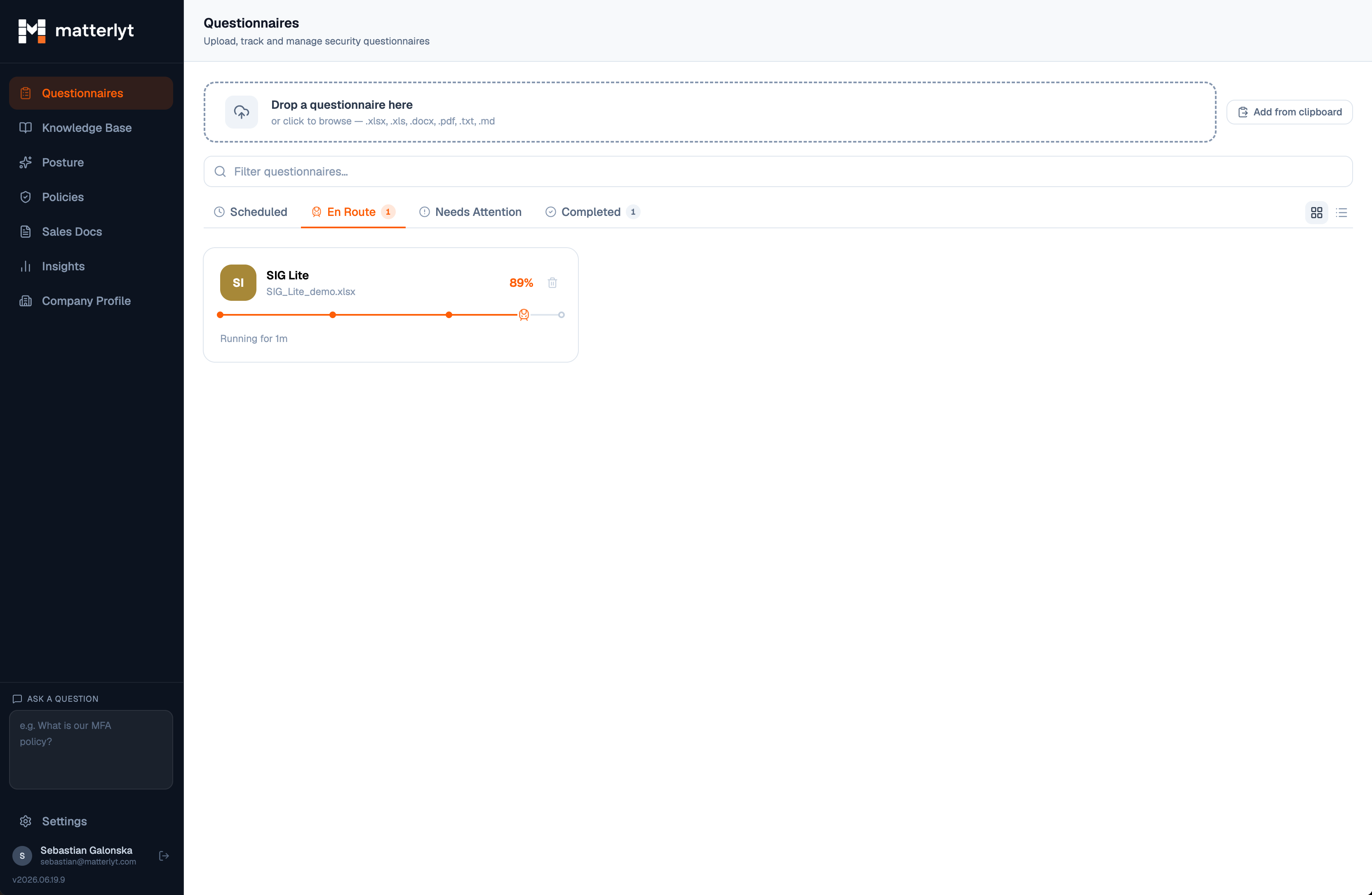 Matterlyt questionnaire screen showing upload, processing, answering, and review