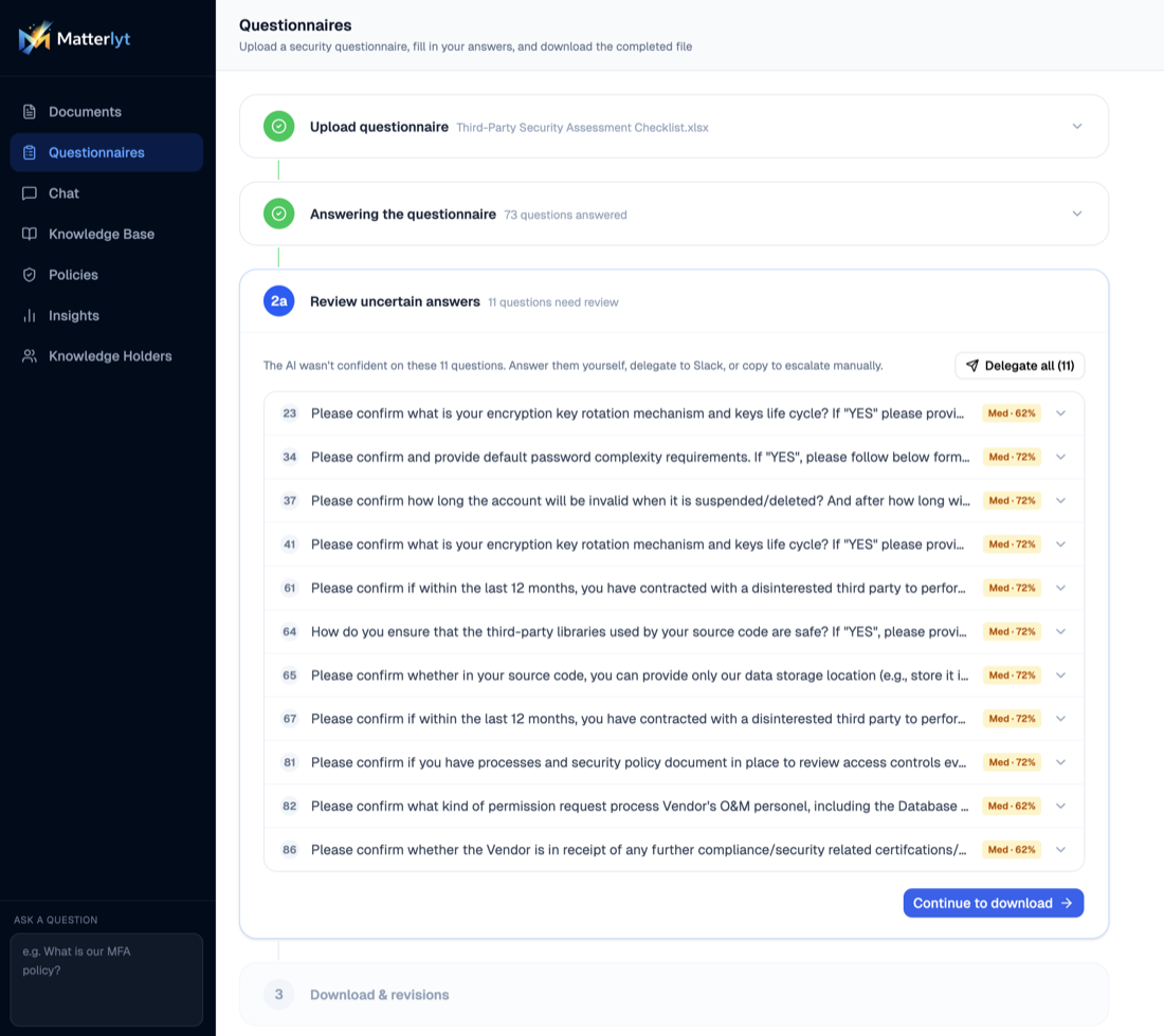 Matterlyt questionnaire completion screen showing upload, answering, review, and download steps