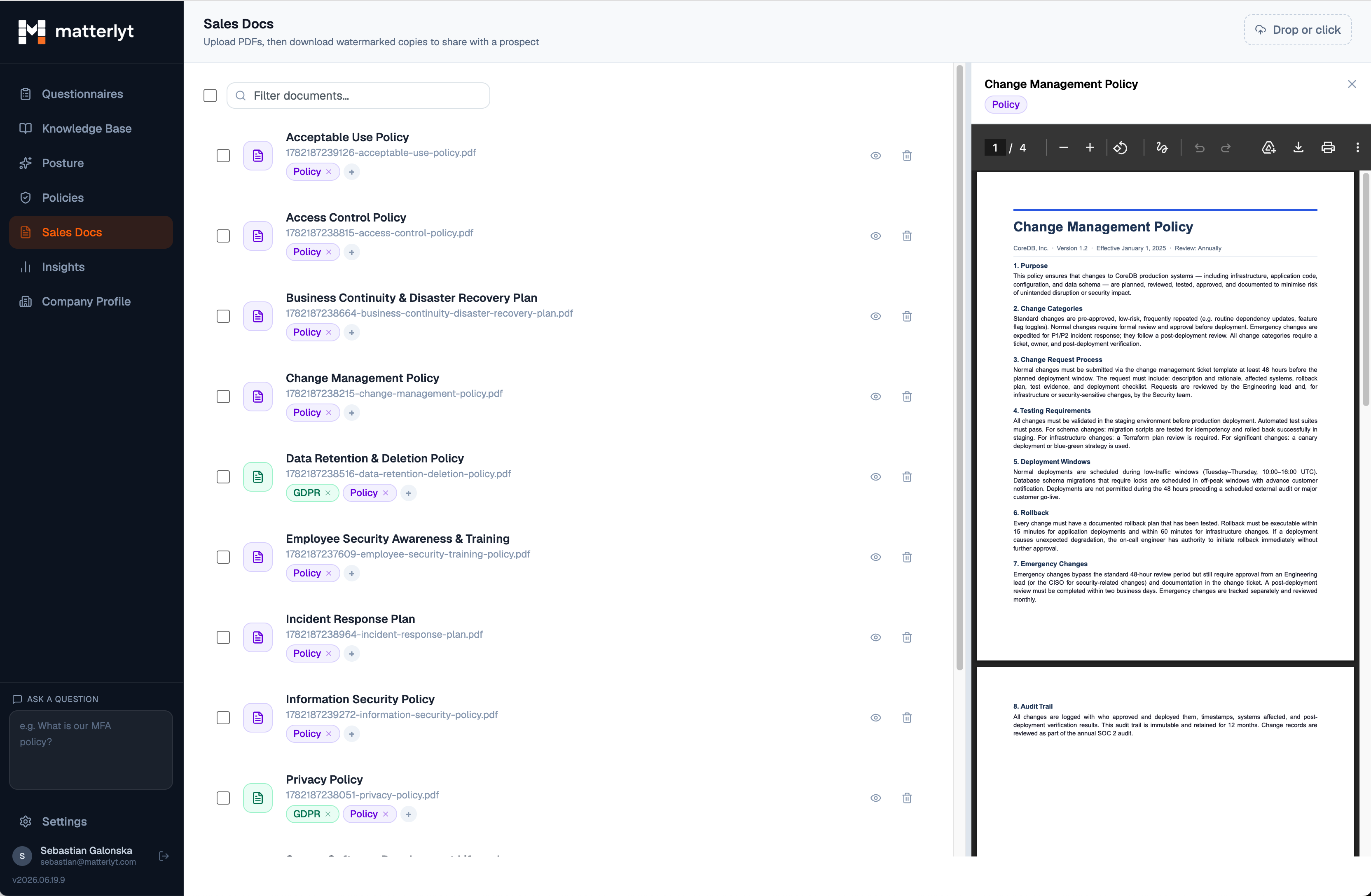 Matterlyt sales documents screen with policy list, preview, and watermarked download dialog