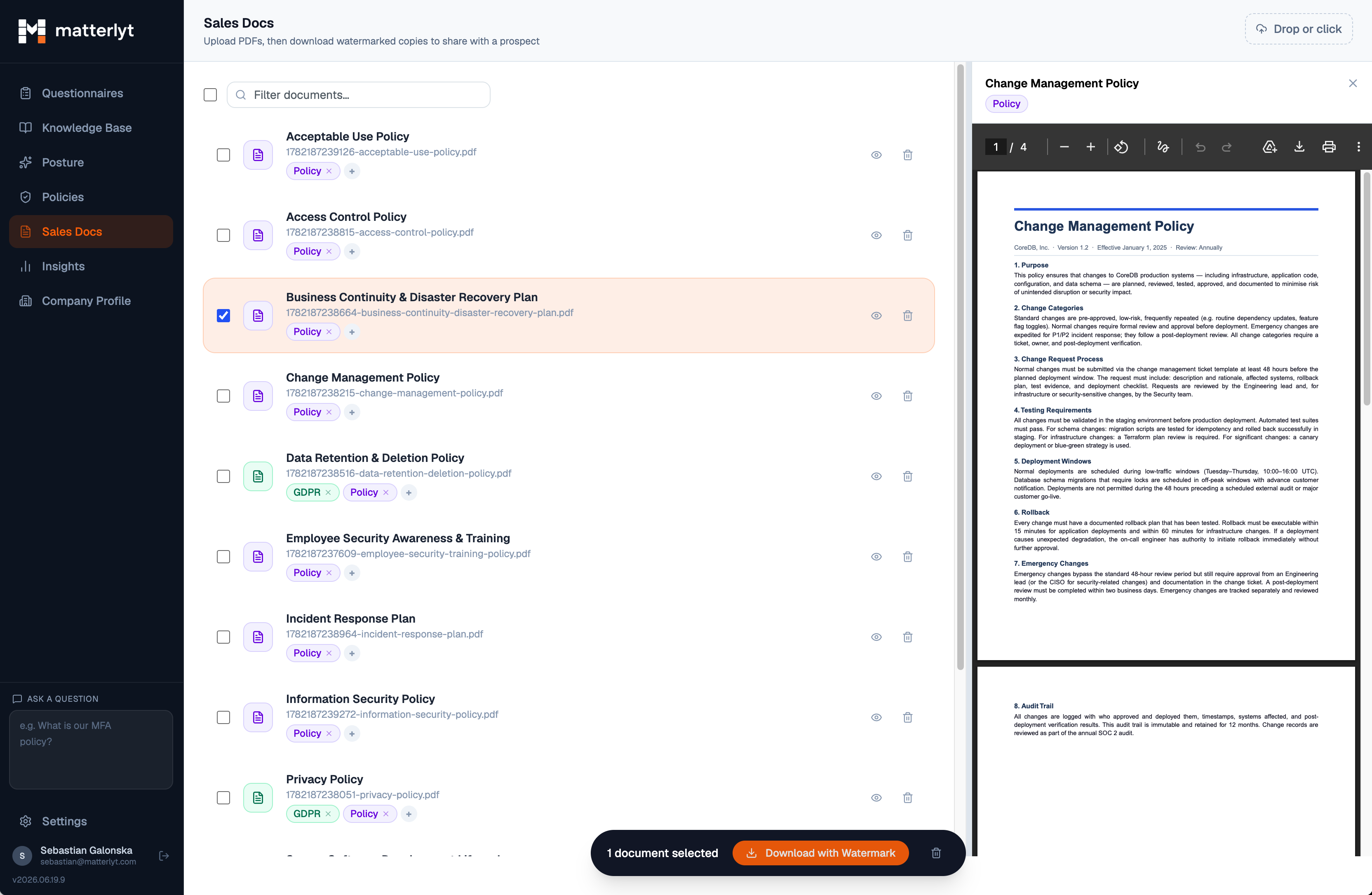 Matterlyt sales documents screen with policy list, preview, and watermarked download dialog