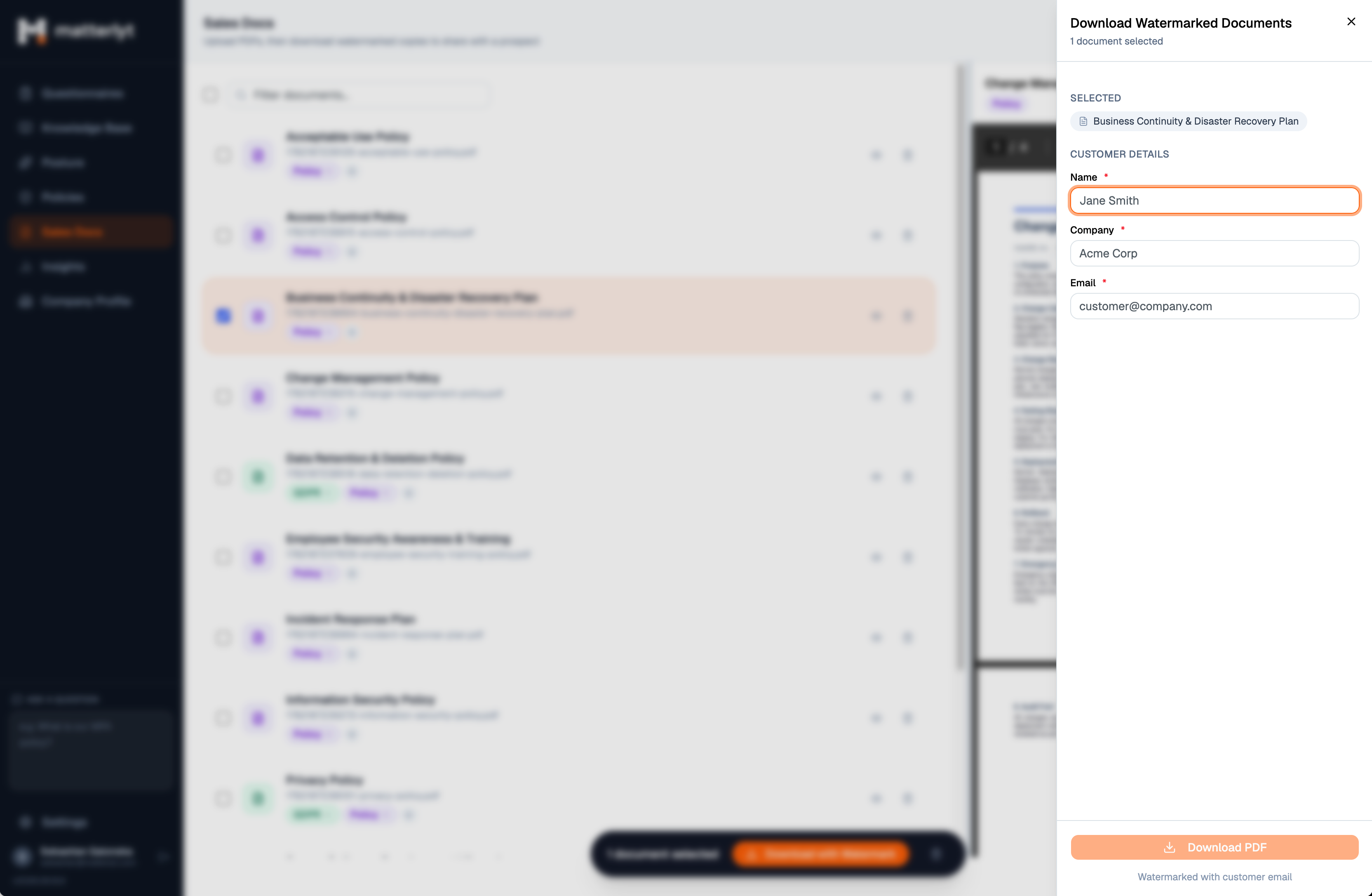 Matterlyt sales documents screen with policy list, preview, and watermarked download dialog